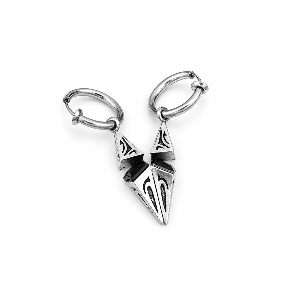 Stainless steel spike dangle clip-on earrings showing the spring hoop closure