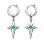 A pair of silver hoop earrings with dangling four-pointed star charms, each set with a small green square gemstone, shown on a plain white background.