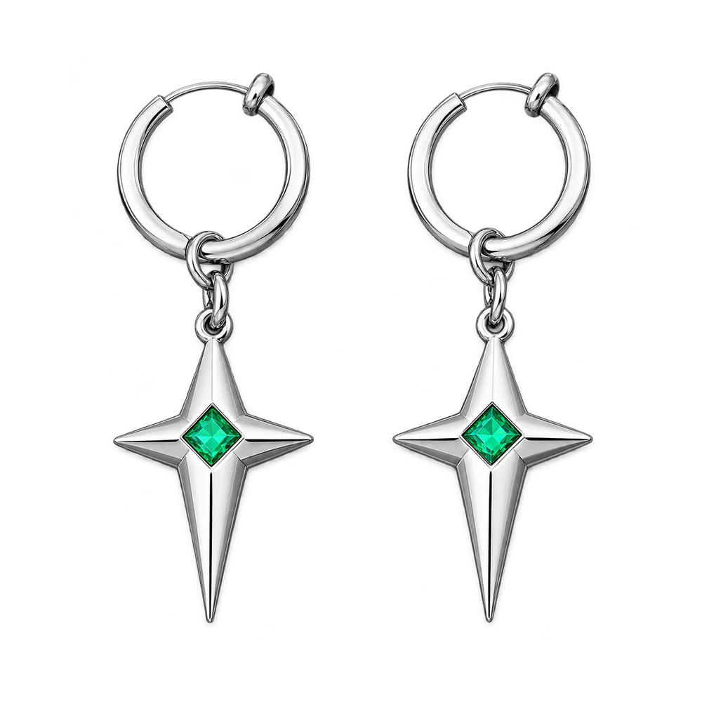 A pair of silver hoop earrings with dangling four-pointed star charms, each set with a small green square gemstone, shown on a plain white background.