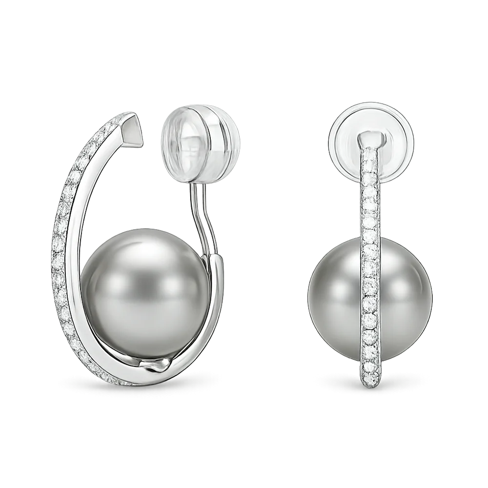 A pair of silver-toned clip on hoop earrings with a large gray pearl and a row of clear pavé stones, shown from the front and side on a white background.