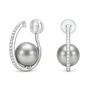A pair of silver-toned clip on hoop earrings with a large gray pearl and a row of clear pavé stones, shown from the front and side on a white background.