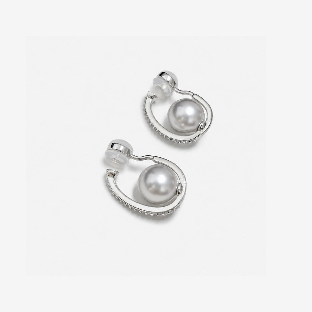 Pavé crystal band and grey shell pearl detail on silver clip on hoop earrings
