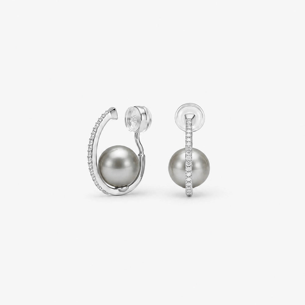Silver grey pearl clip on hoop earrings shown as a pair from front and side