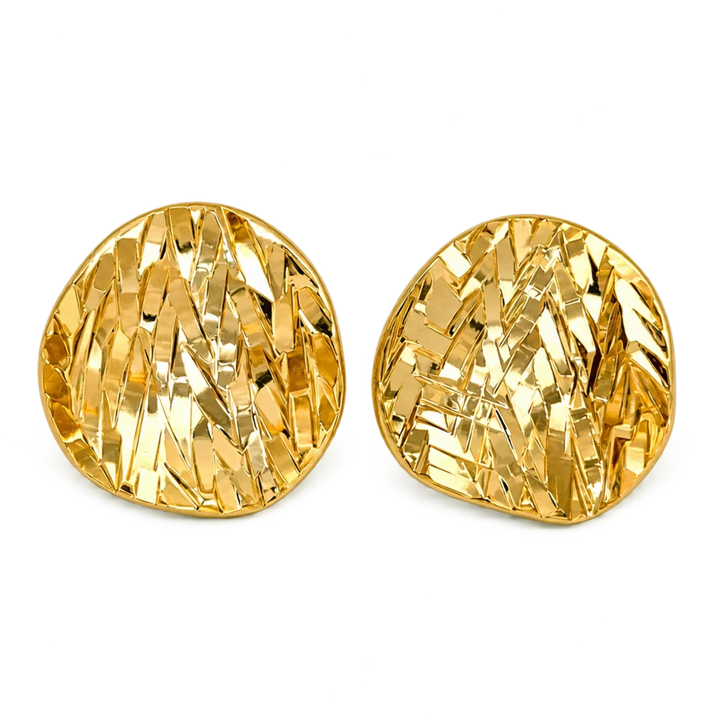 A pair of gold-toned oval stud earrings with a textured, faceted chevron pattern, shown on a plain white background.