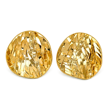 A pair of gold-toned oval stud earrings with a textured, faceted chevron pattern, shown on a plain white background.
