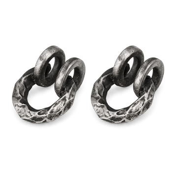A pair of oxidized silver double-loop ring earrings with a hammered, textured finish, displayed on a clean white background.