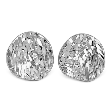 A pair of silver statement earrings with a textured, faceted chevron pattern, shown on a plain white background.