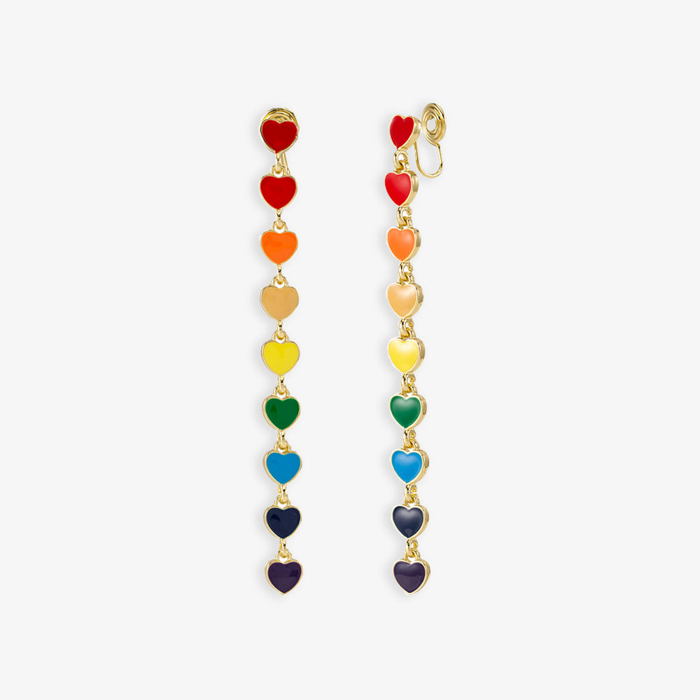 Gold clip-on earrings featuring a cascade of heart-shaped charms in rainbow colors. These pride earrings celebrate love and lesbian identity. Perfect lgbt gift.