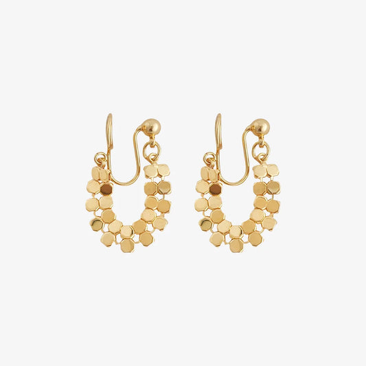 A pair of gold honeycomb mesh clip-on hoop earrings in a U-shape design, shown on a clean white background.