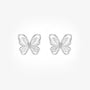 A pair of iridescent silver butterfly stud earrings with white cat's eye wings shown from the front on a white background.