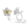 Close-up detail of a resin flower earring for non-pierced ears showing the transparent invisible clip-on back and pearlescent finish.