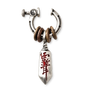 A silver-toned body jewelry piece featuring a horseshoe-shaped top, a knurled side screw, stacked bronze and silver beads, and a dangling shield-shaped charm engraved with red Chinese characters on a white background.
