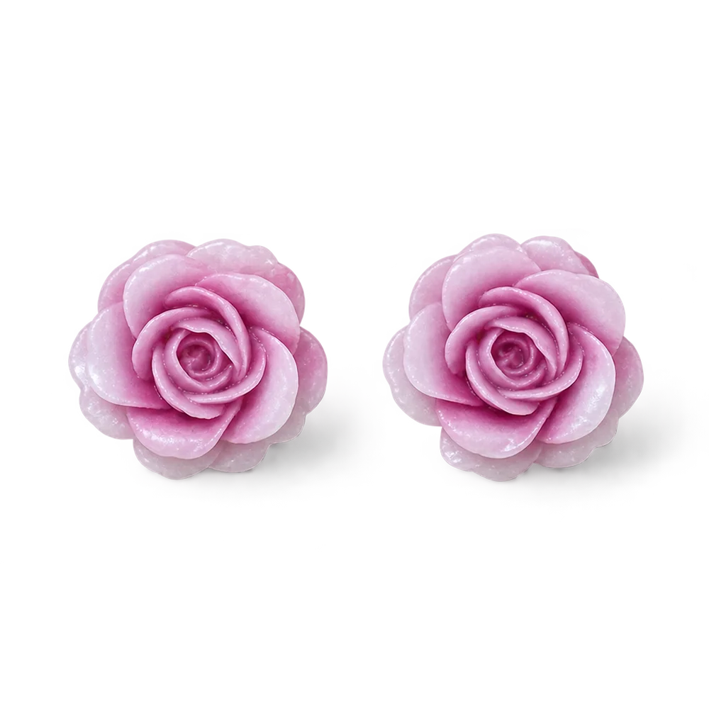 A pair of pink rose-shaped magnetic stud earrings with a glossy, polished finish, displayed on a clean white background.