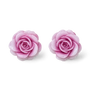 A pair of pink rose-shaped magnetic stud earrings with a glossy, polished finish, displayed on a clean white background.