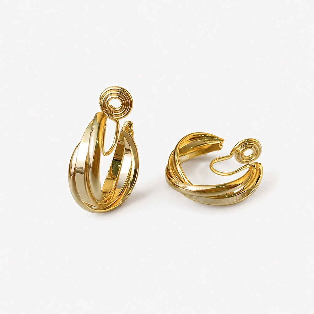 Side profile of the gold layered wave clip-on hoops, clearly showing the comfortable u-type closure mechanism.
