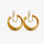 A pair of layered gold wave clip-on hoop earrings with a mosquito coil back, shown isolated on a clean white background.