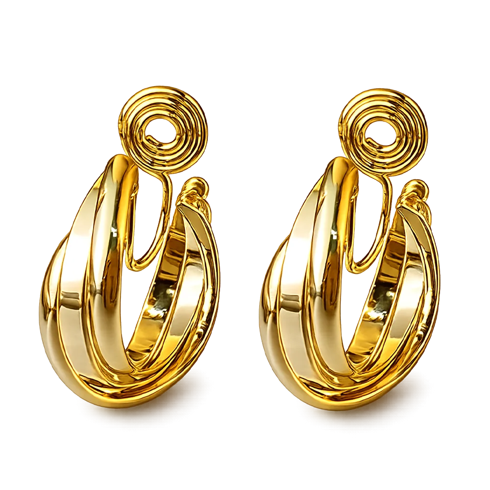 A pair of gold-toned hoop earrings with  layered curved bands, shown on a clean white background.