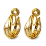 A pair of gold-toned hoop earrings with  layered curved bands, shown on a clean white background.