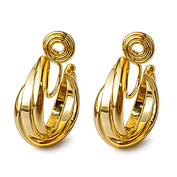 A pair of gold-toned hoop earrings with  layered curved bands, shown on a clean white background.