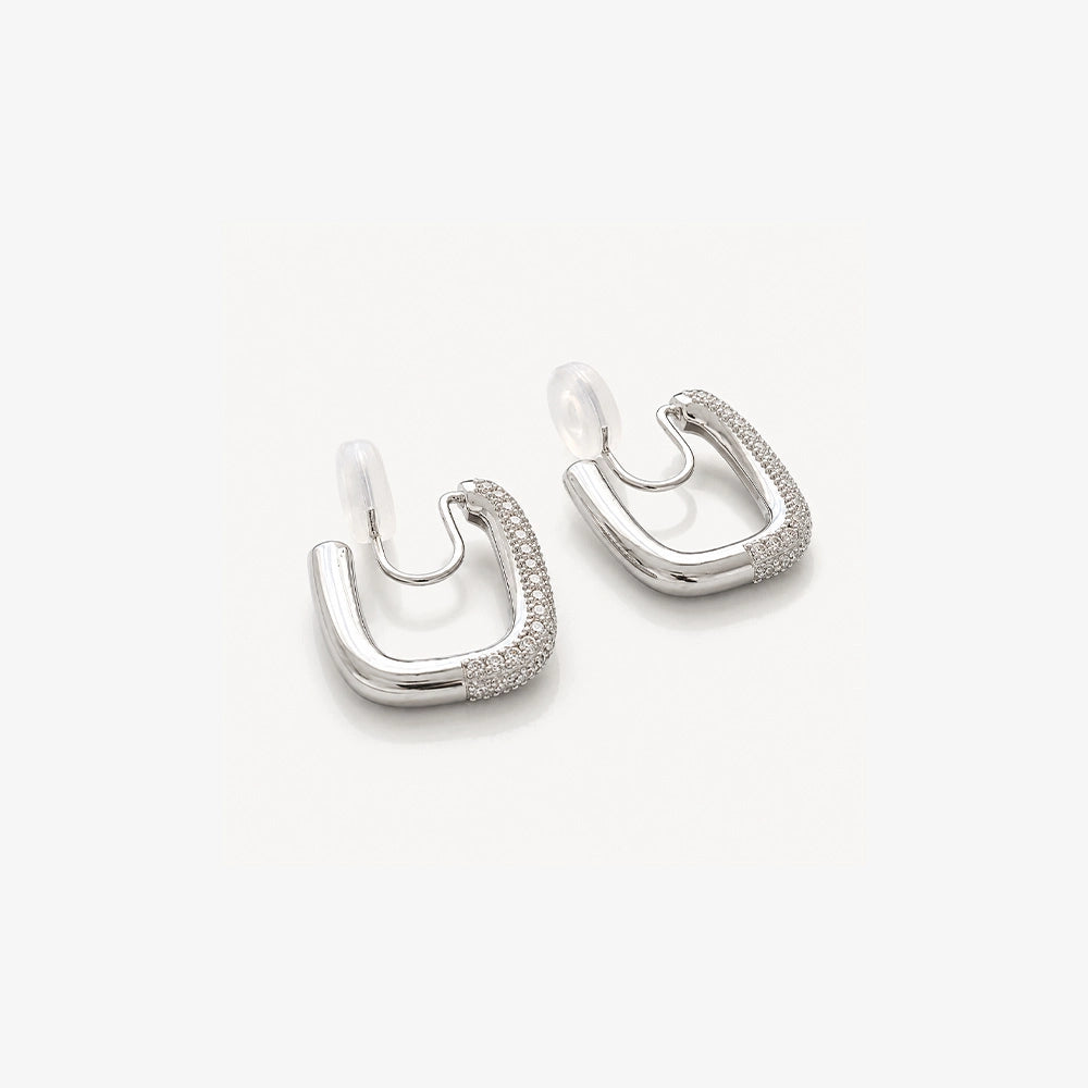 Silver Pave Square Edge Clip-On Hoop Earrings