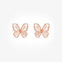 Front view of a pair of rose gold butterfly magnetic stud earrings with soft pink cat's eye wings on a white background.