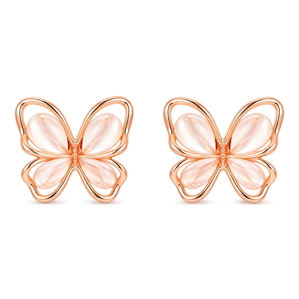 A pair of butterfly-shaped magnetic stud earrings with rose gold metal wirework and smooth, pale pink inlay petals, shown on a clean white background.