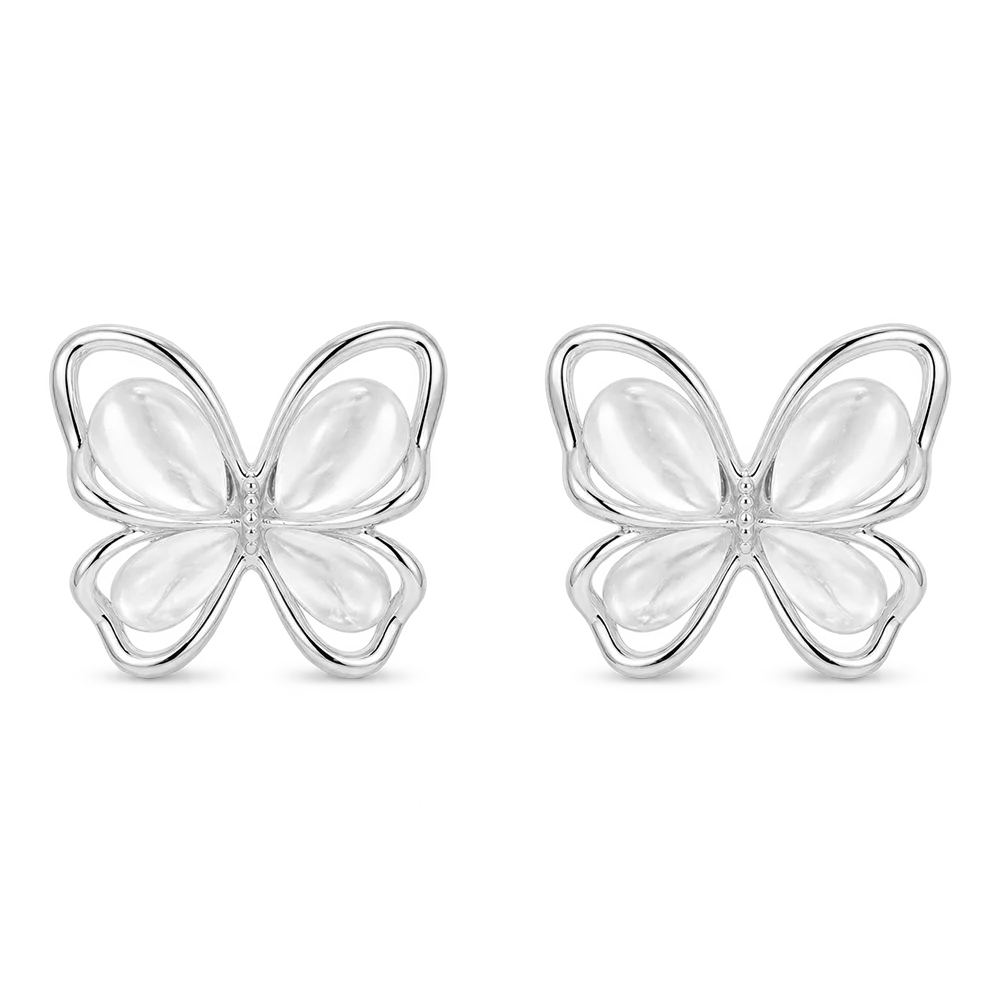 A pair of silver butterfly magnetic stud earrings with smooth, opaque white wings, shown on a clean white background.