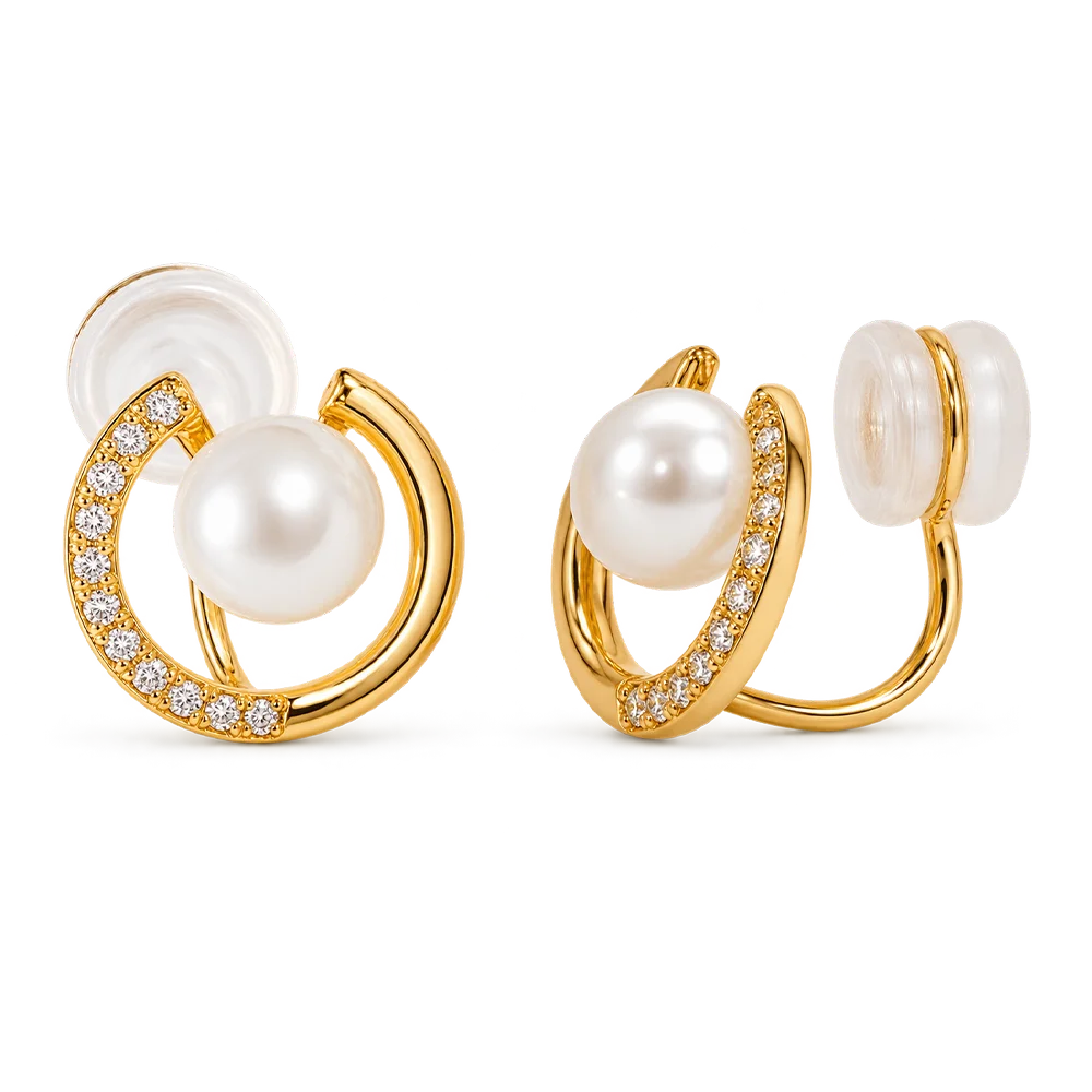 A pair of gold hoop earrings with white pearls and pavé-set clear stones, shown on a clean white background.