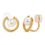 A pair of gold hoop earrings with white pearls and pavé-set clear stones, shown on a clean white background.