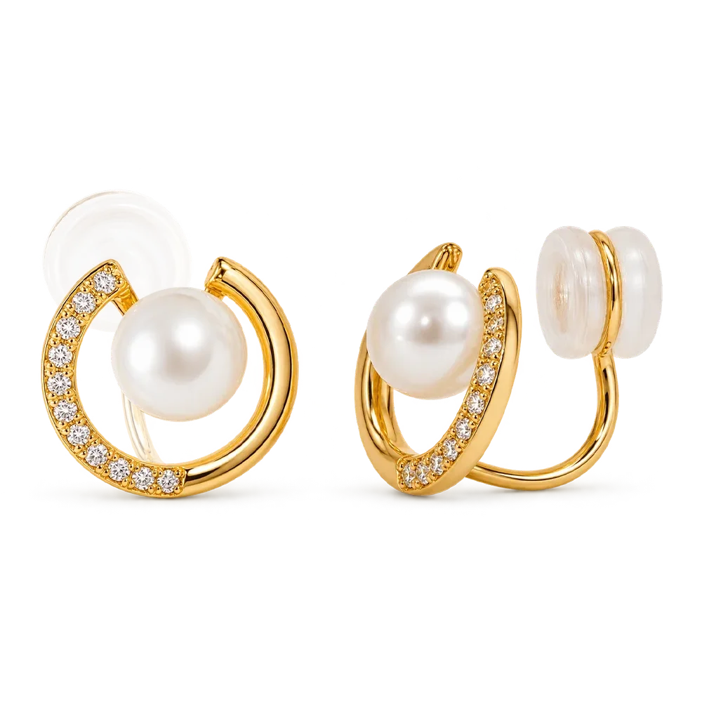 A pair of gold hoop earrings with white pearls and pavé-set clear stones, shown on a clean white background.