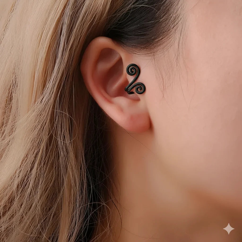 A close-up of a model's ear wearing a black spiral helix tragus cuff, demonstrating its stylish placement on the cartilage.