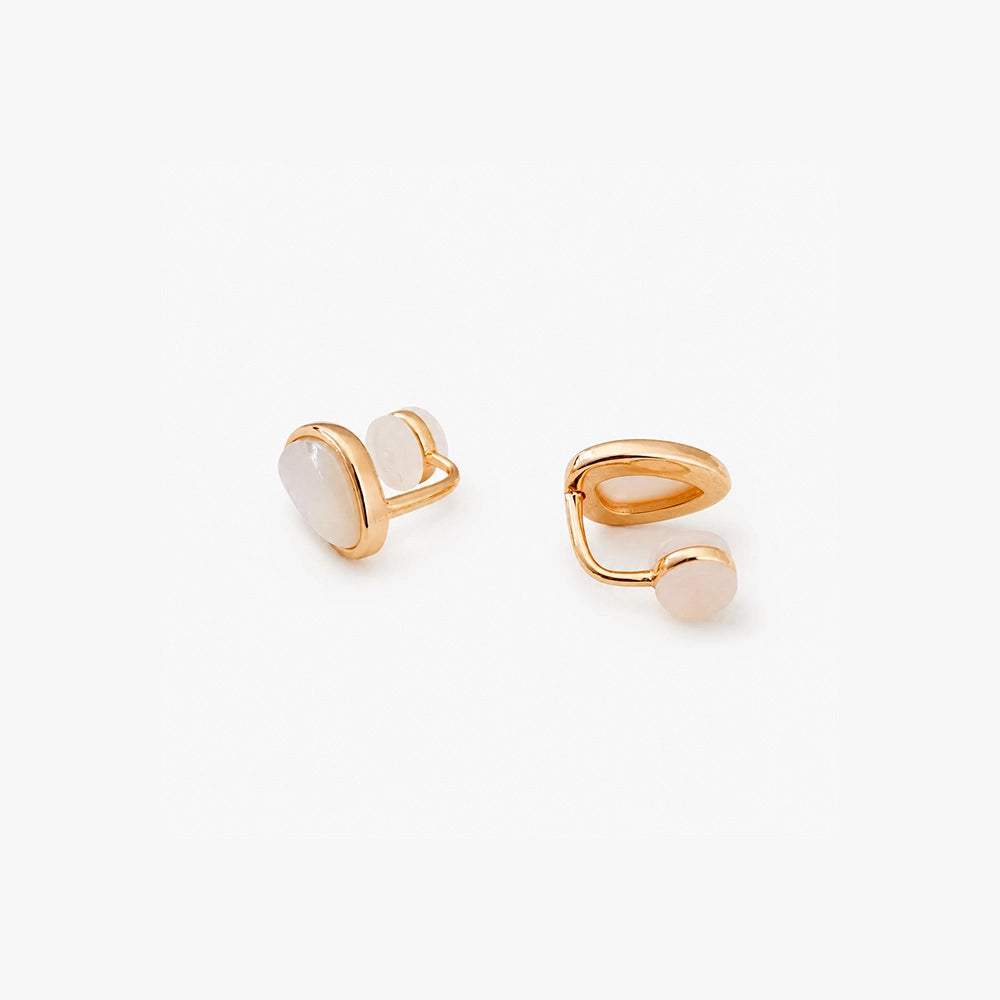 Close-up of the teardrop mother of pearl clip-on earring from behind, highlighting the rose gold metal loop and the comfortable spherical non-piercing closure pad.