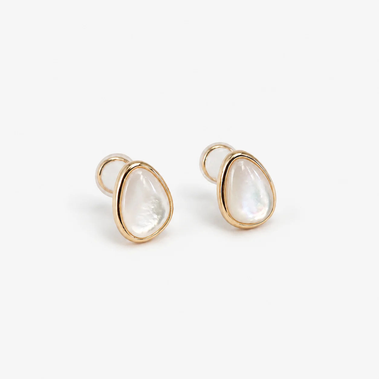Close-up of the teardrop mother of pearl clip-on earring from front, highlighting the rose gold metal loop and the comfortable spherical non-piercing closure pad.