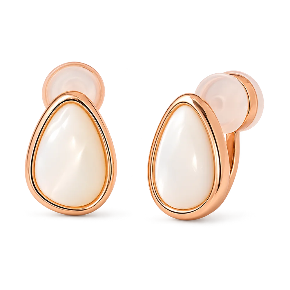 A pair of rose gold teardrop stud earrings with smooth, milky white teardrop-shaped centers and circular rose gold posts, shown on a clean white background.