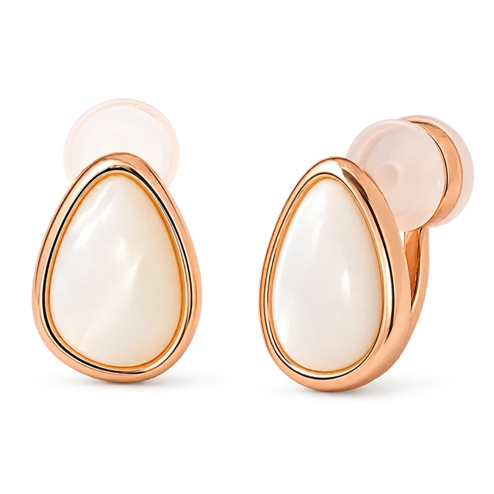 A pair of rose gold teardrop stud earrings with smooth, milky white teardrop-shaped centers and circular rose gold posts, shown on a clean white background.