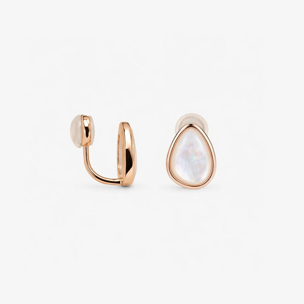 Front view of a pair of teardrop mother of pearl cabochon earrings in a warm rose gold bezel setting, shown on a clean white background.