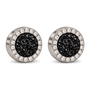 A pair of round stud earrings featuring textured black druzy centers surrounded by a halo of small clear stones in a silver-toned setting, shown on a plain white background.