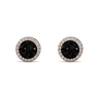 A pair of round stud earrings featuring textured black druzy centers surrounded by a halo of small clear stones in a silver-toned setting, shown on a plain white background.