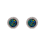A pair of round stud earrings featuring iridescent blue and green opal-like center stones surrounded by a halo of small clear stones in a silver-toned setting, shown on a plain white background.