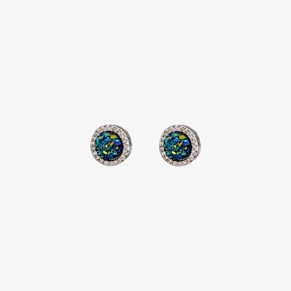 A pair of no-piercing blue druzy magnetic stud earrings, highlighting their iridescent shimmer and pavé halo, isolated on a white background.