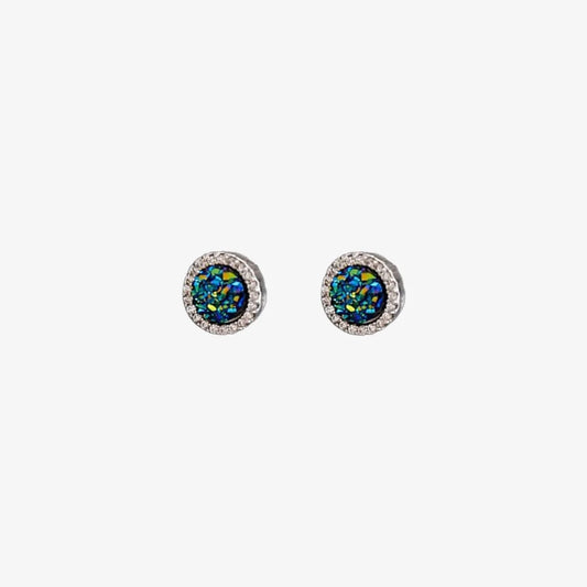 A pair of no-piercing blue druzy magnetic stud earrings, highlighting their iridescent shimmer and pavé halo, isolated on a white background.