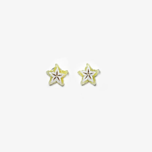 A pair of no-piercing Tropical Star Fruit Magnetic Stud Earrings, showcasing their detailed resin fruit slice design, isolated on a white background.