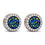 A pair of round stud earrings featuring iridescent blue and green opal-like center stones surrounded by a halo of small clear stones in a silver-toned setting, shown on a plain white background.