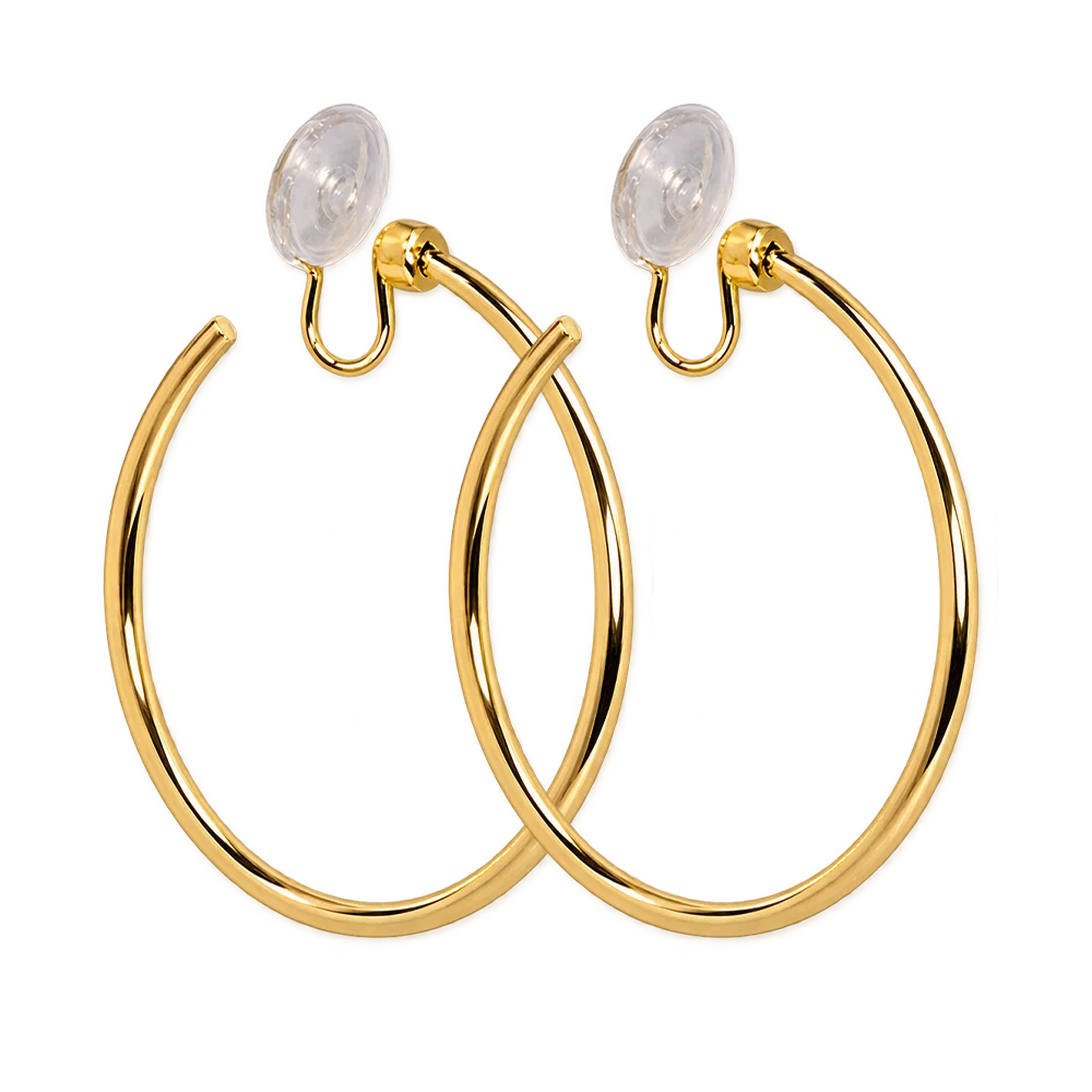 Pair of thin gold hoop clip-on earrings with clear resin pads