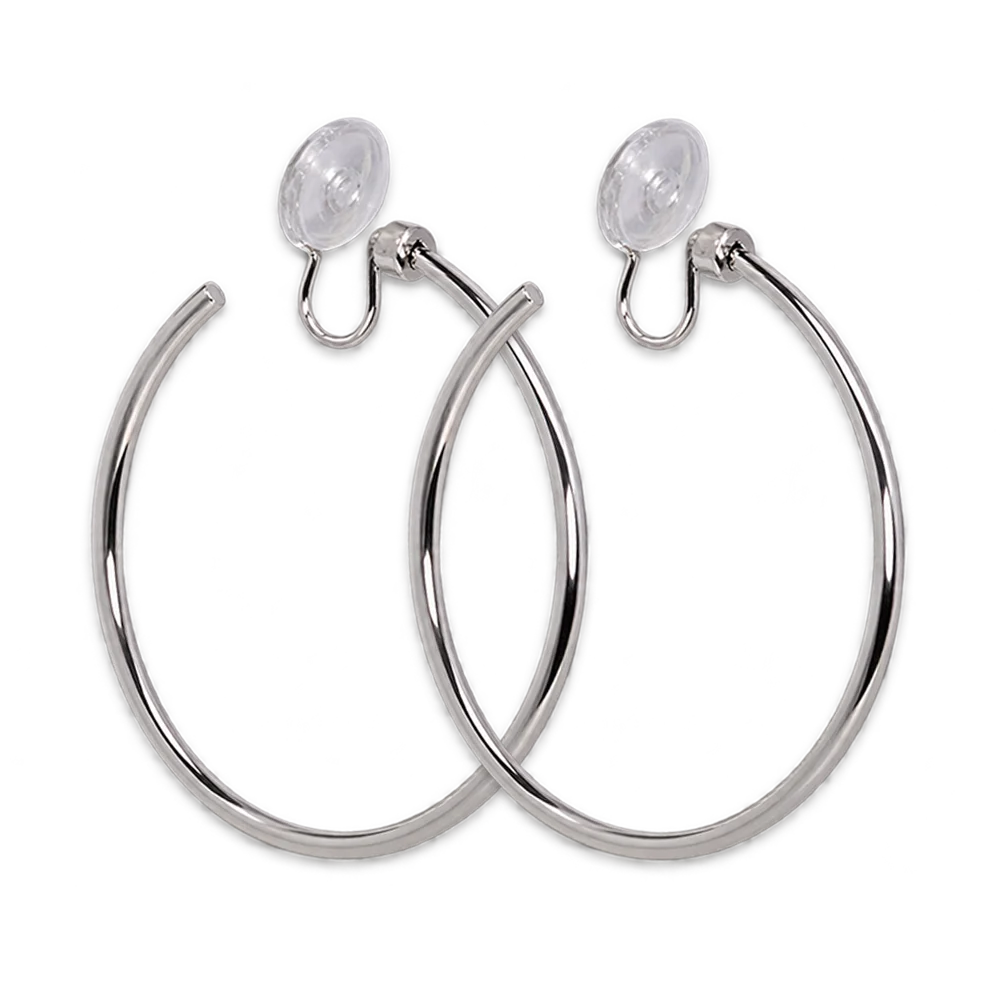 Pair of oversized thin silver-tone hoop clip-on earrings with clear resin pads