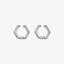 A pair of polished silver hexagon geometric clip-on earrings, made from titanium steel, shown on a clean white background.