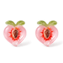 A pair of translucent pink resin peach magnetic stud earrings with green leaf details and a realistic pit center, isolated on a white background.