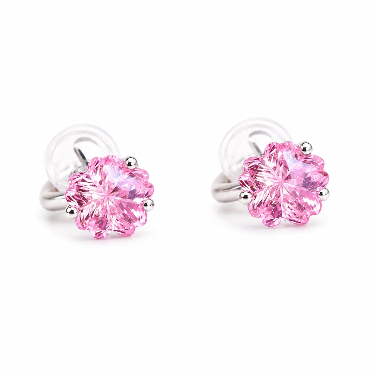 Front view of pink flower cubic zirconia clip-on studs with clear resin pads