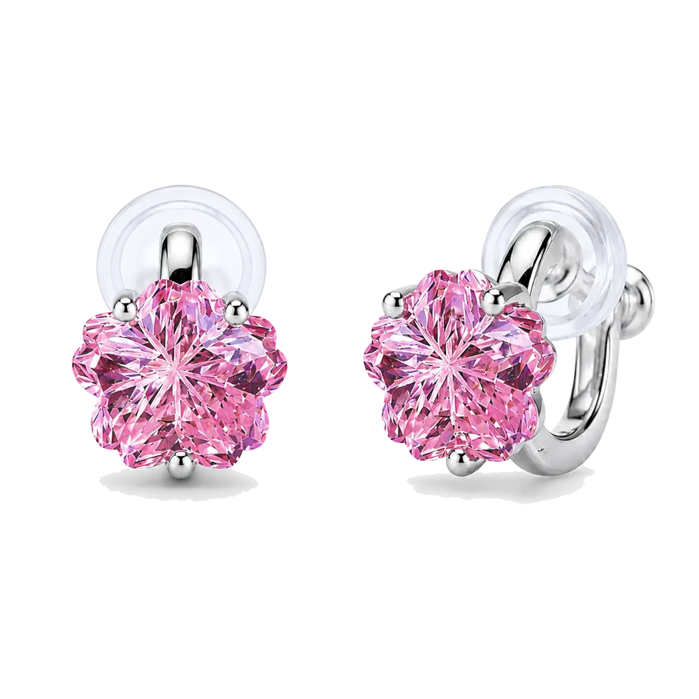 Pair of pink cherry blossom cubic zirconia clip-on stud earrings with screw-back clips