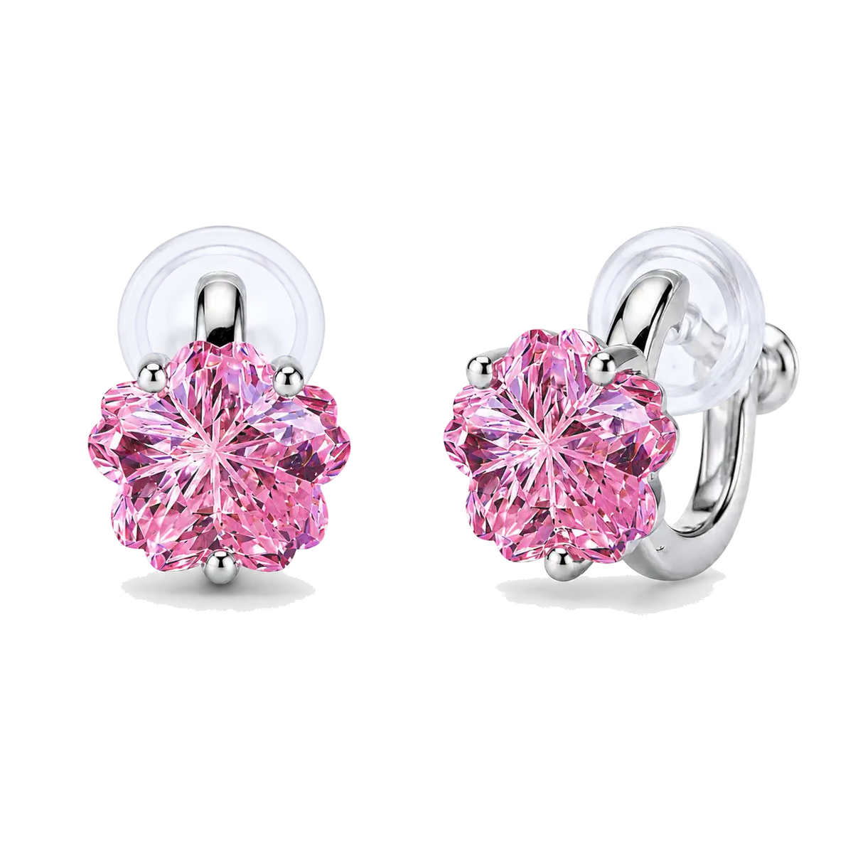 Pair of pink cherry blossom cubic zirconia clip-on stud earrings with screw-back clips